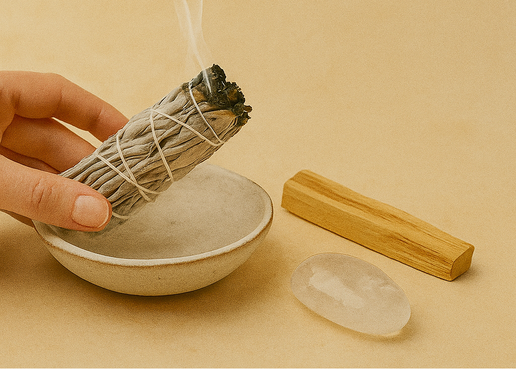 White sage bundle, palo Santo stick, and clear quartz crystal arranged for a summer solstice cleansing ritual by AraCandles.