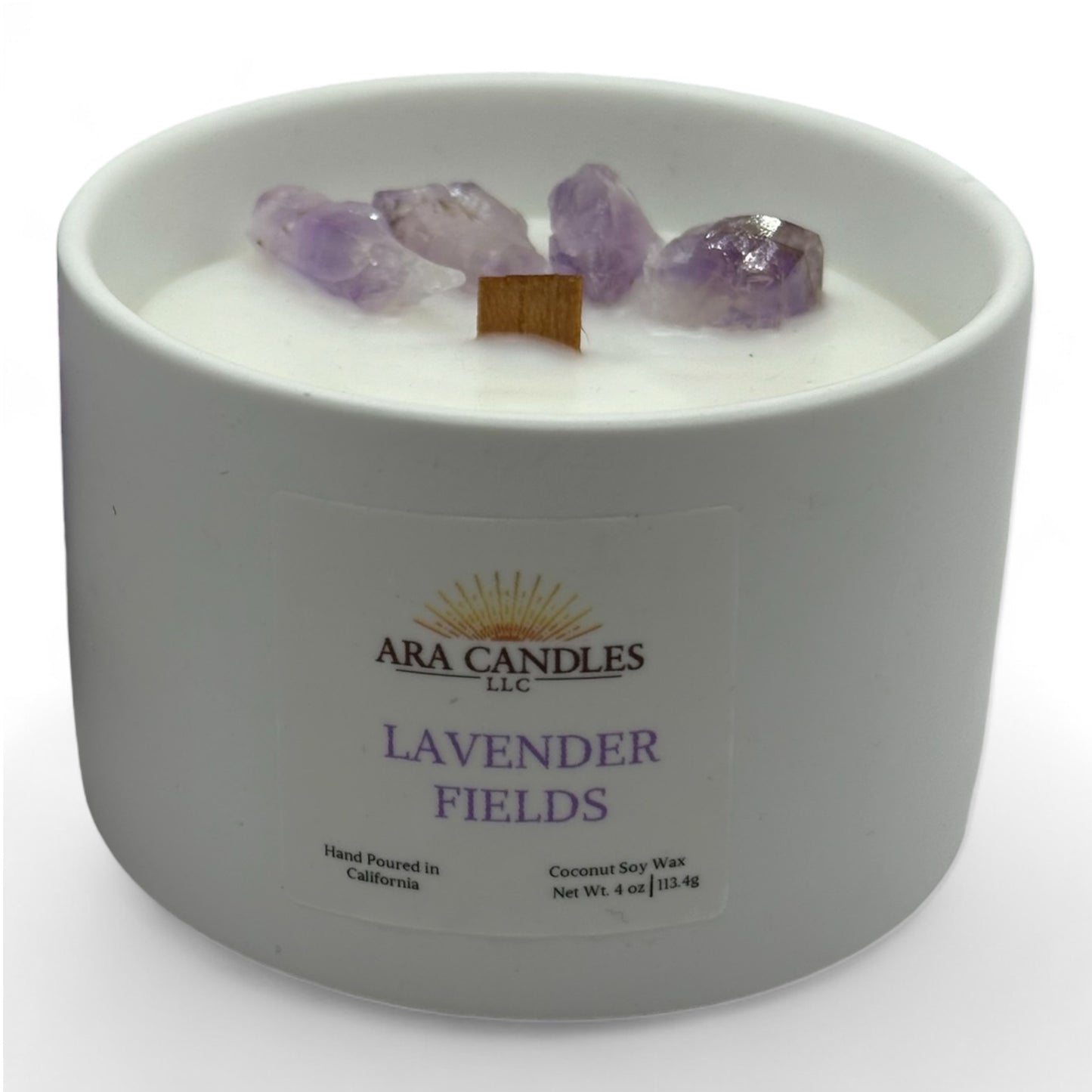 Front view of 4 oz Lavender Fields candle with wooden wick and amethyst crystals on top, displayed on a white background, offering a calming lavender fragrance with a soothing, decorative touch