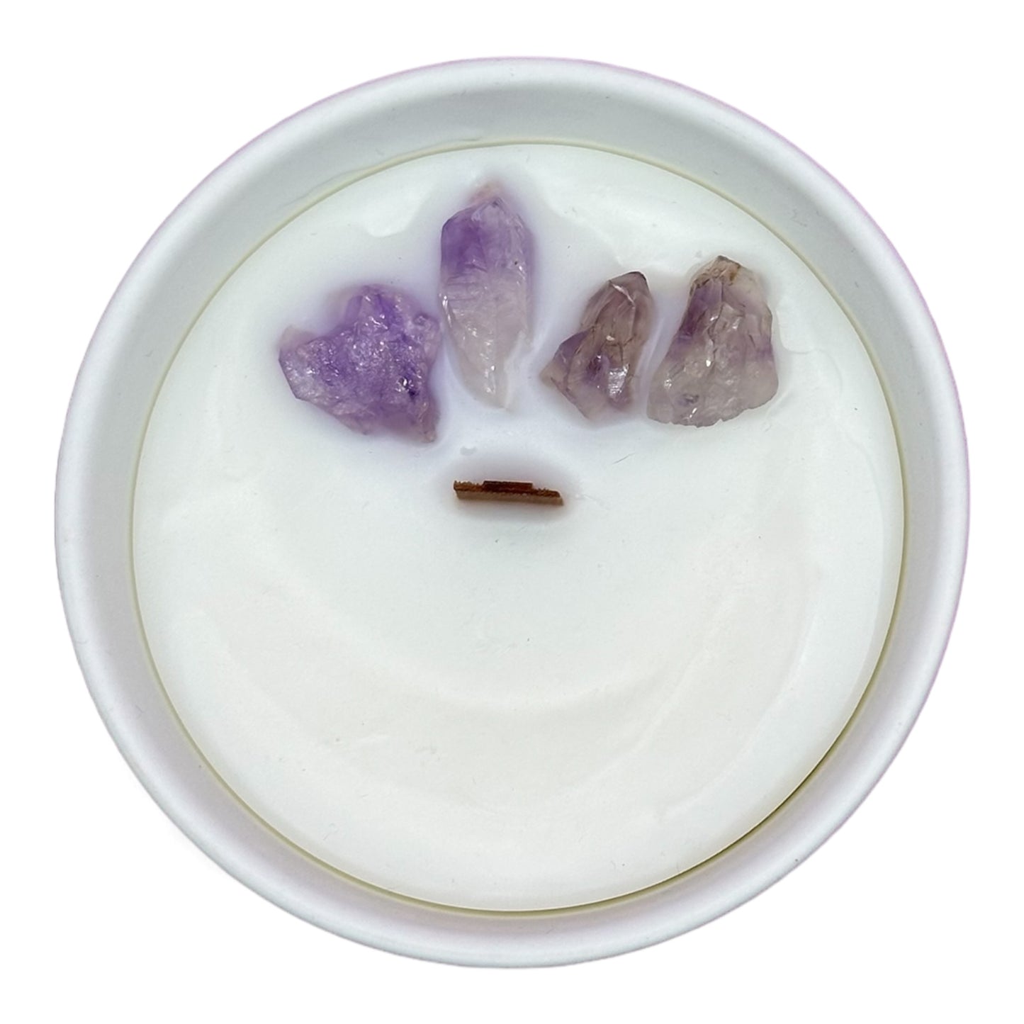 Top view of 4 oz Lavender Fields candle with wooden wick and amethyst crystals on top, set against a white background, offering a calming lavender fragrance with a soothing decorative touch