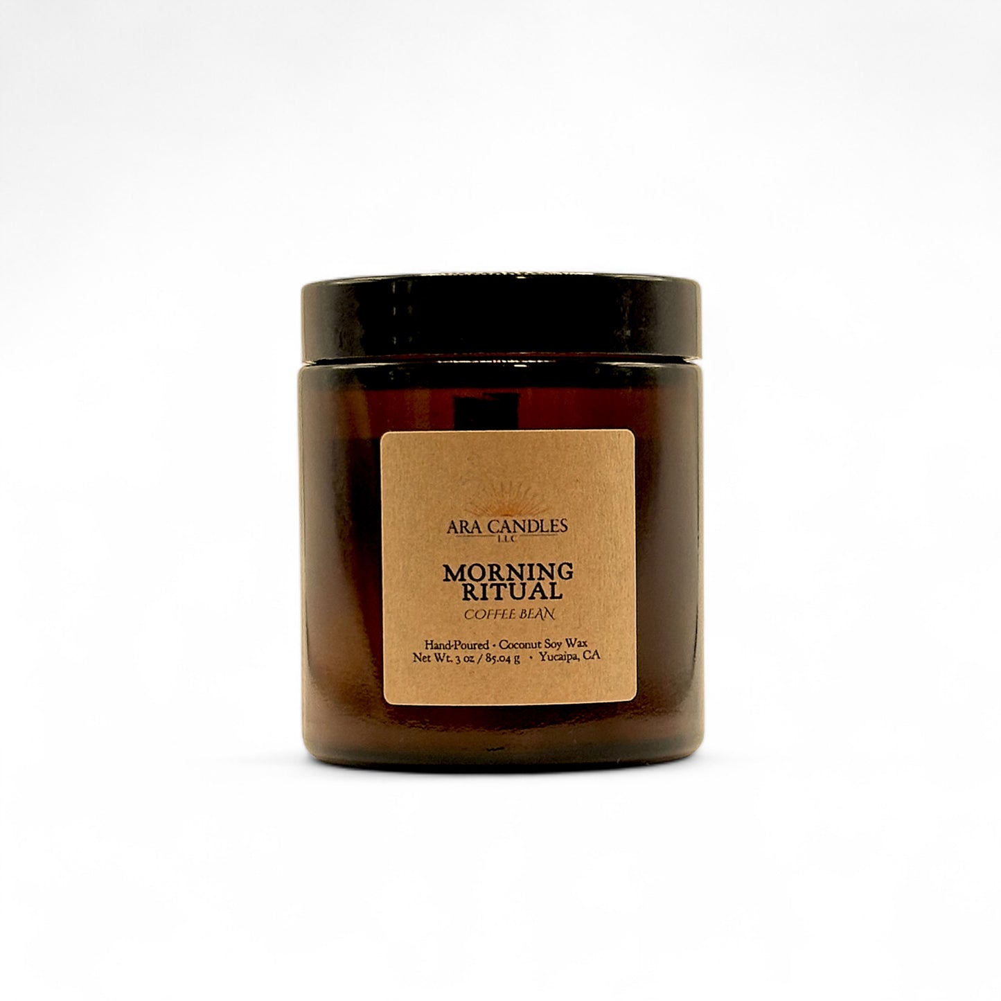 Candle jar labeled 'Morning Ritual' by Ara Candles on a white background