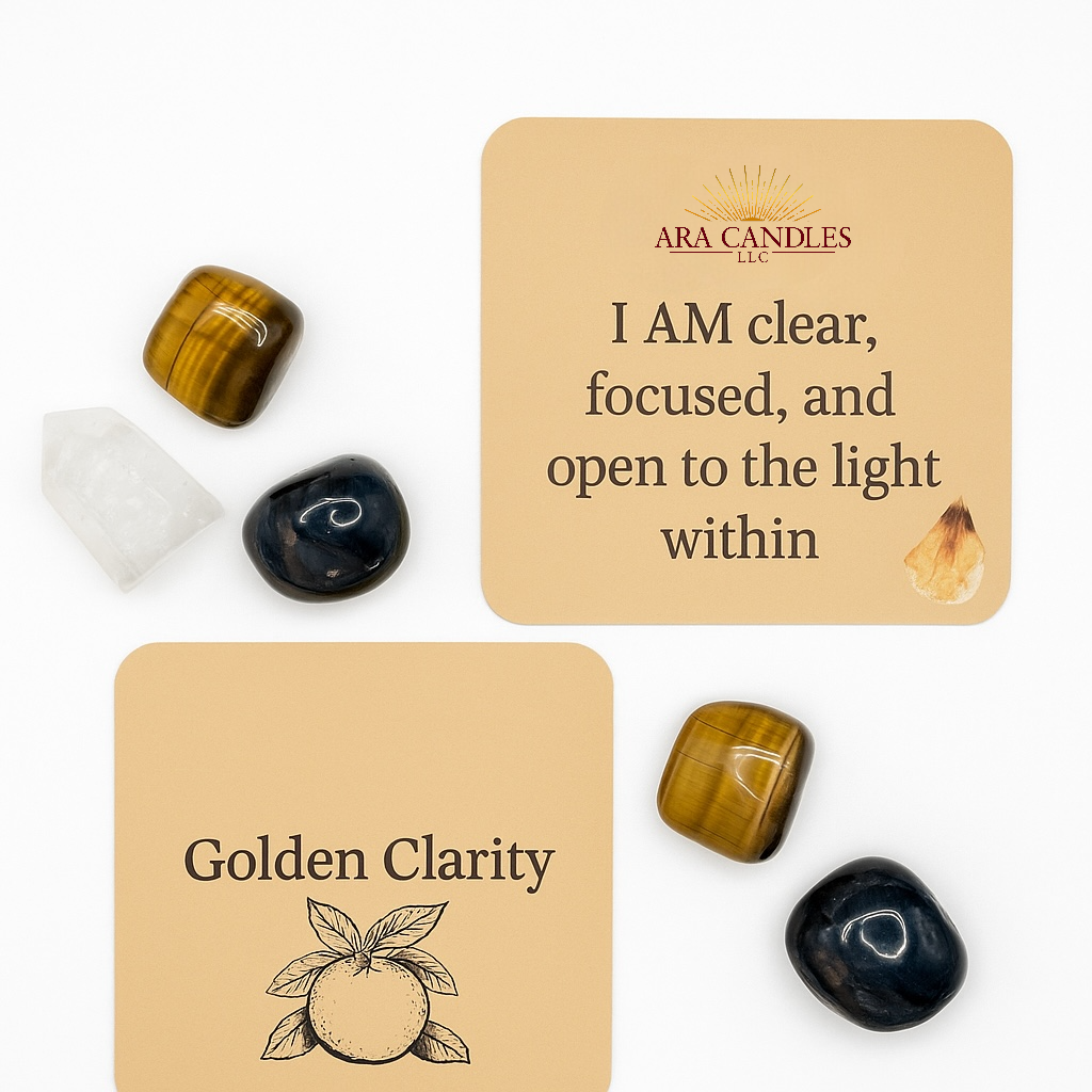 Golden Clarity affirmation cards with tiger’s eye, clear quartz, and black crystals from AraCandles. Includes the message: “I AM clear, focused, and open to the light within.” Set against a white background for a clean, minimalist display.