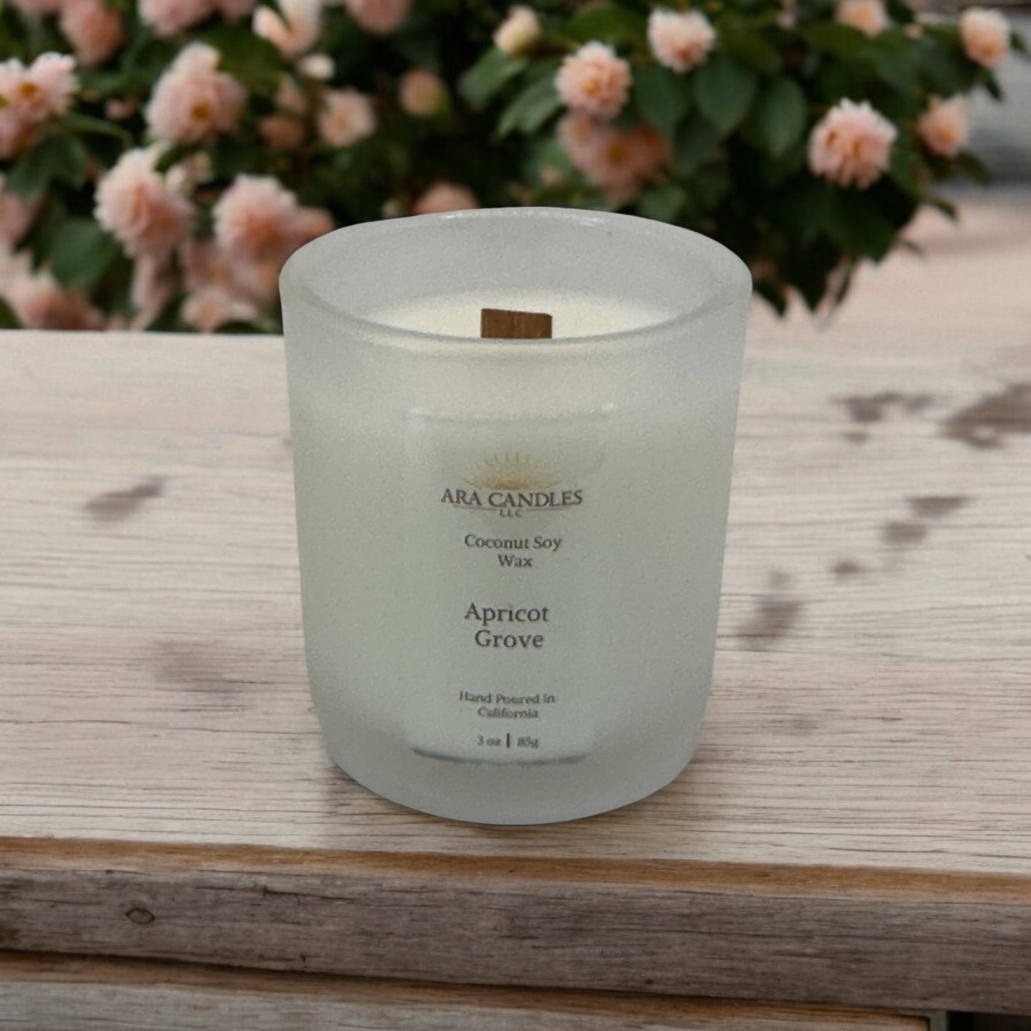 Apricot Grove 3 oz scented candle offering a sweet apricot scent that fills your space with a refreshing and cozy fragrance