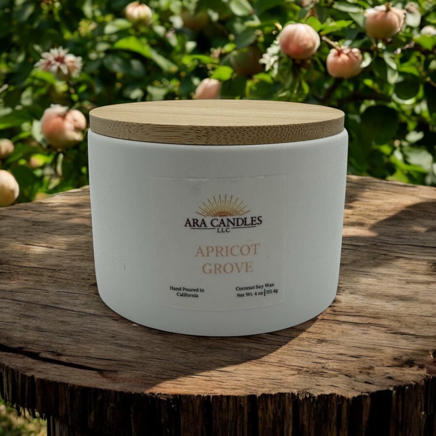 Apricot Grove 4 oz scented candle with a fresh, fruity apricot fragrance that creates a light, welcoming atmosphere