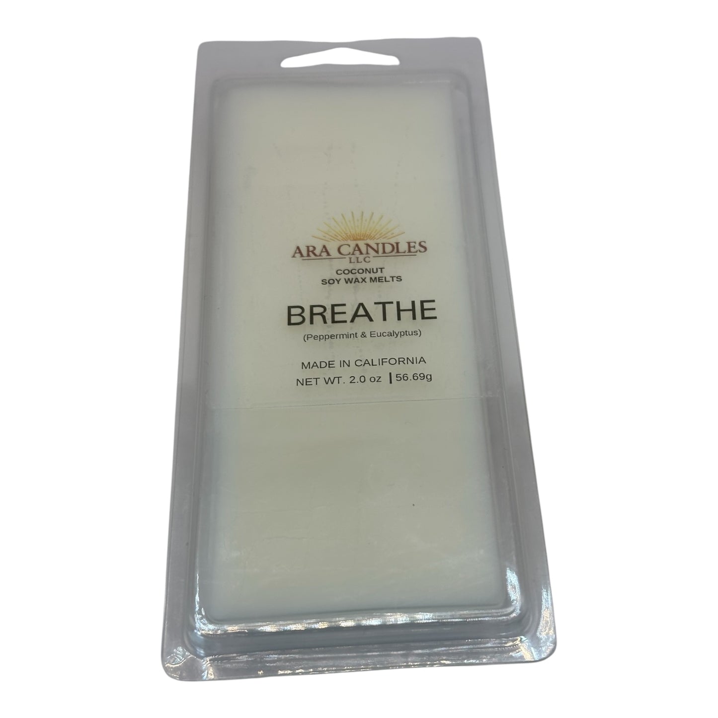 Breath 2 oz wax melt made with coconut soy wax, displayed on a white background, offering a refreshing and calming fragrance for a relaxing atmosphere