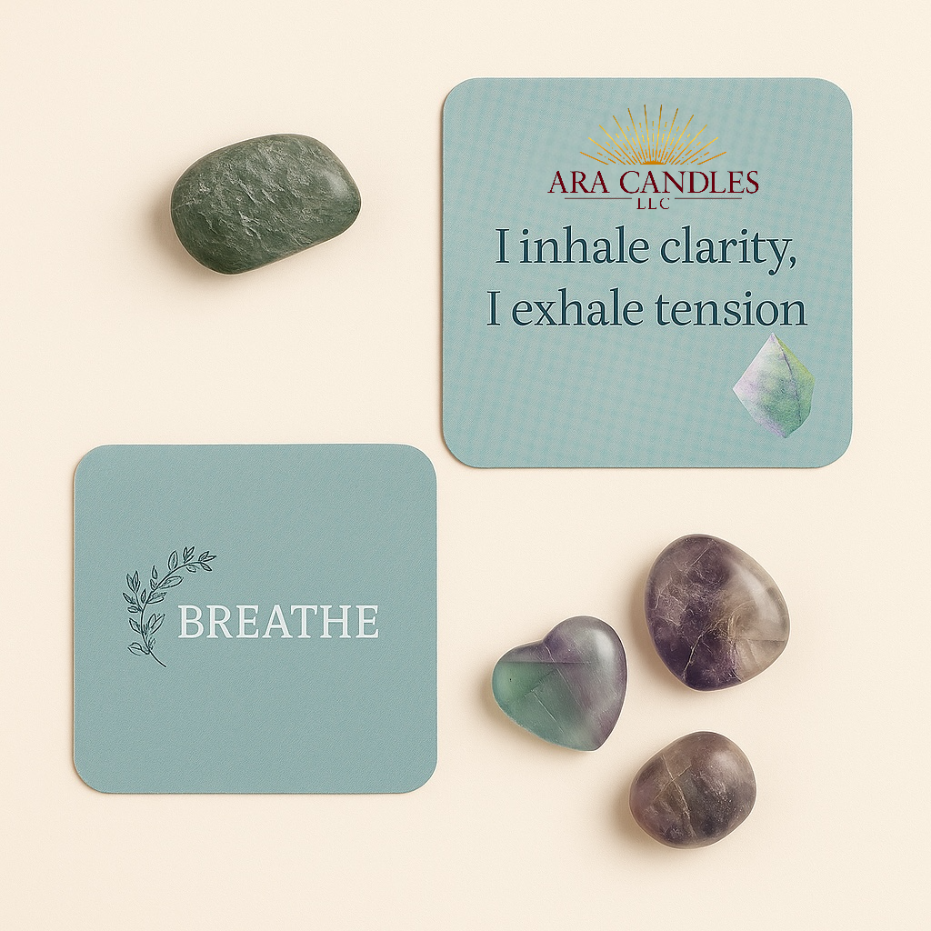 Affirmation card labeled “Breathe” with soothing green crystals, styled flat lay by Ara Candles to support clarity and calm.