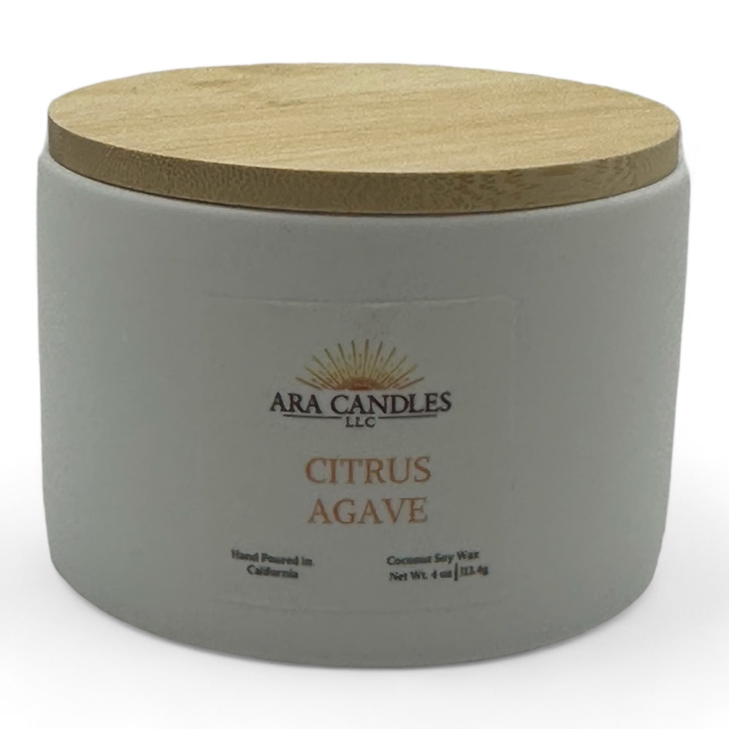 Citrus Agave 4 oz scented candle on a white background with a fresh, zesty citrus fragrance blended with sweet agave for an energizing, vibrant ambiance
