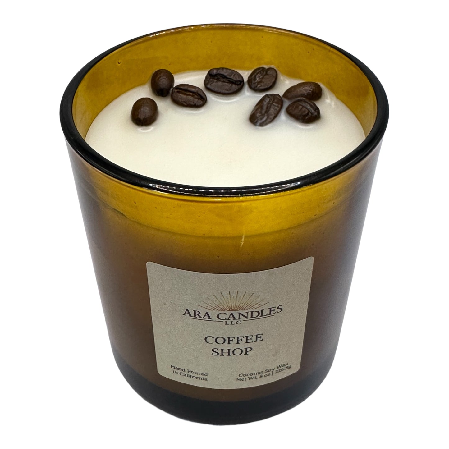 Coffee Shop flameless 8 oz candle with coffee beans on top, offering a warm, inviting coffee scent and a cozy ambiance without the flame