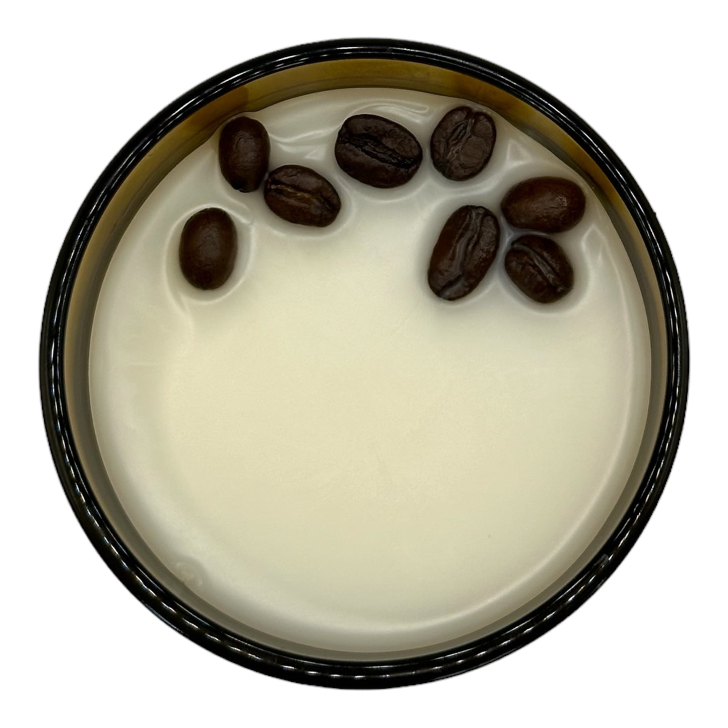 Top view of Coffee Shop flameless 8 oz candle with coffee beans on top, delivering a cozy coffee aroma without the flame