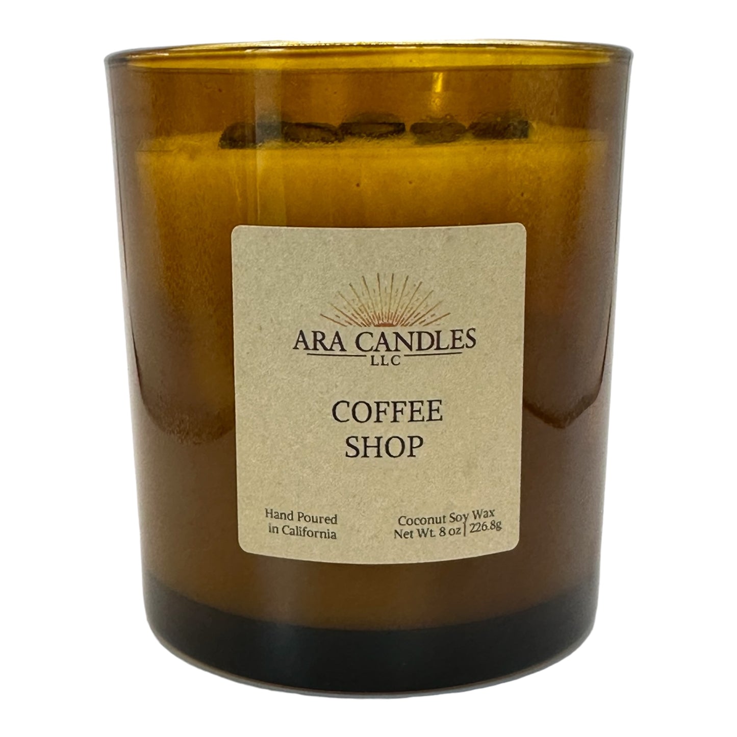 Coffee Shop flameless 8 oz candle with a warm coffee aroma, elegantly displayed on a white background, offering a cozy atmosphere without the flame