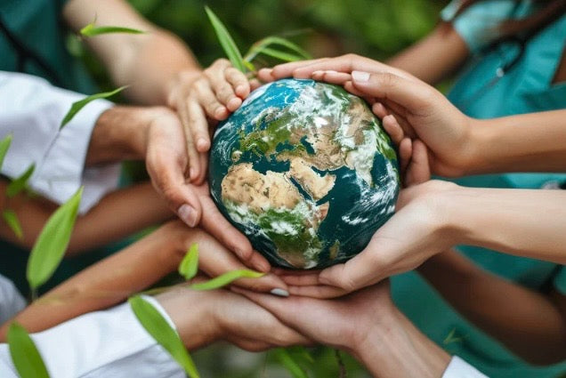 Group of diverse hands holding a globe, symbolizing sustainability, global care, and mindful living.