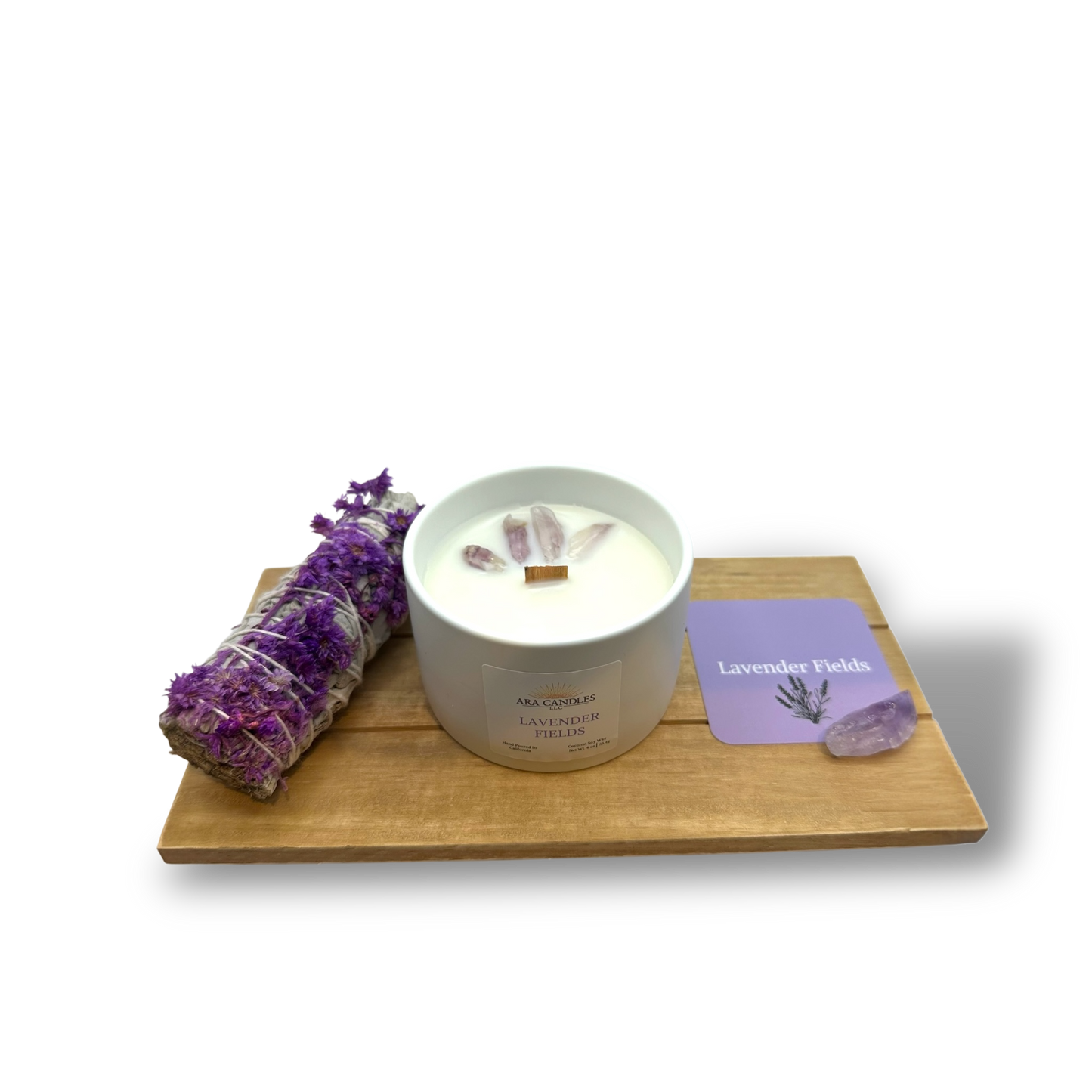 Lavender Fields ritual candle with amethyst stones, lavender sage bundle, and affirmation card on wooden tray