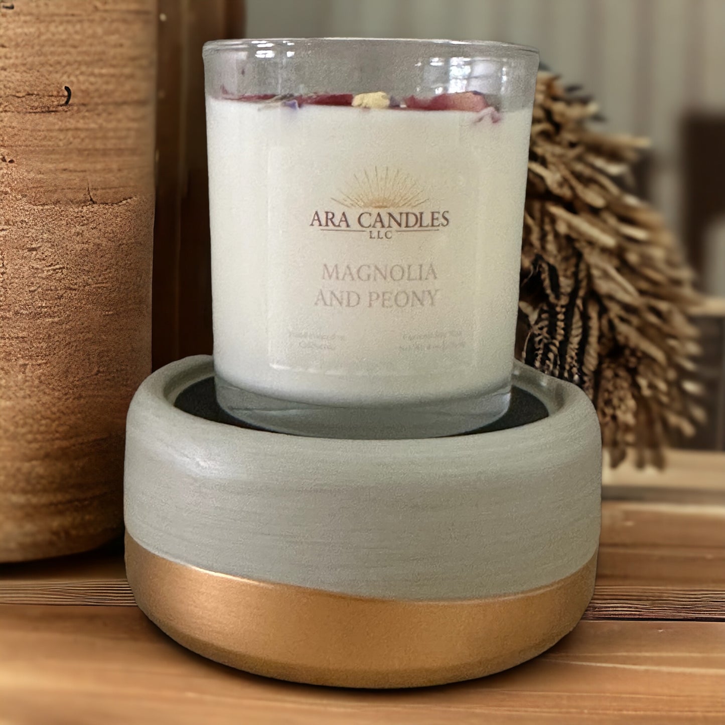 Front view of Magnolia and Peony flameless 8 oz candle on a wax warmer, offering a floral fragrance and creating a calming, flame-free ambiance