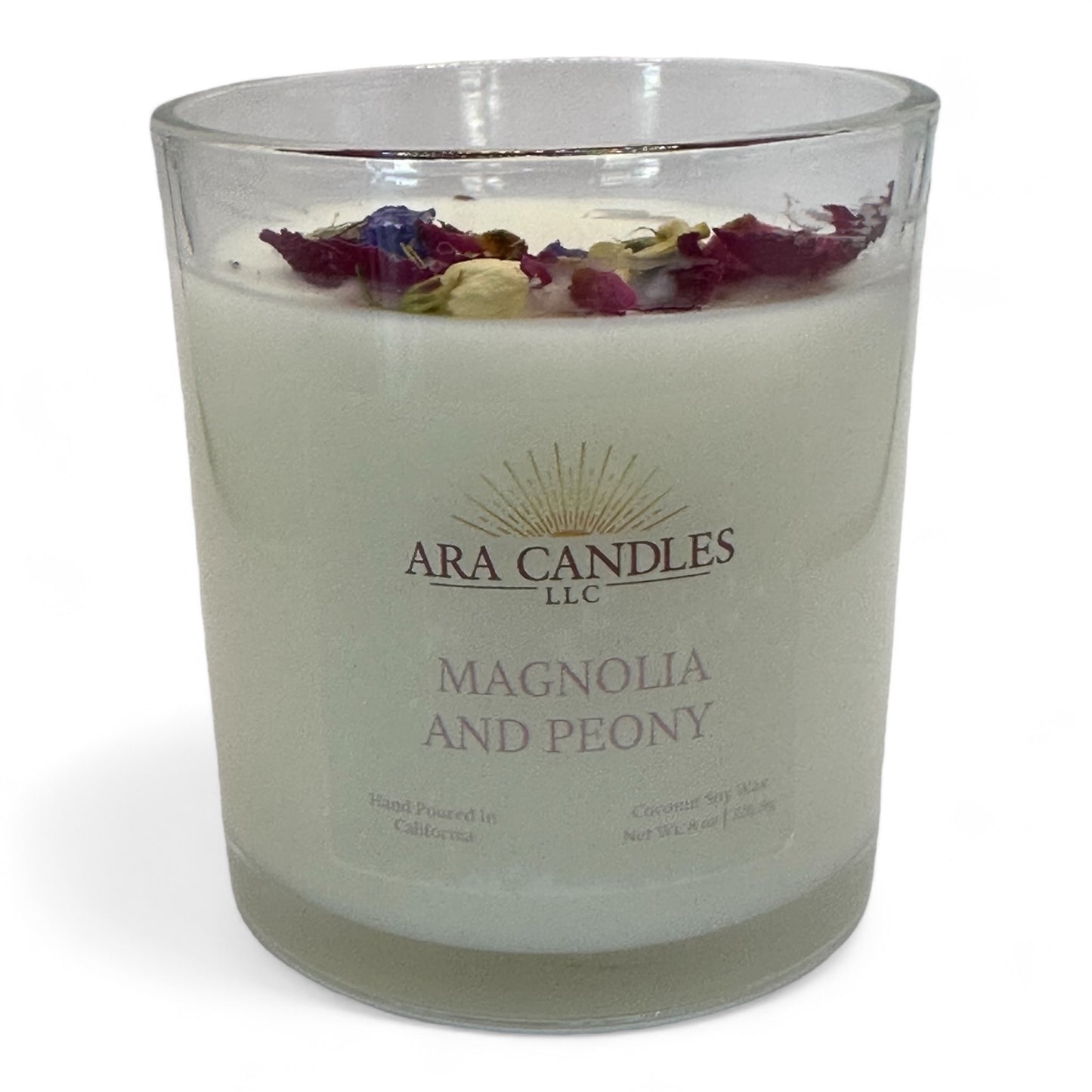 Magnolia and Peony flameless 8 oz candle with a delicate floral fragrance, elegantly displayed on a white background for a clean and calming ambiance
