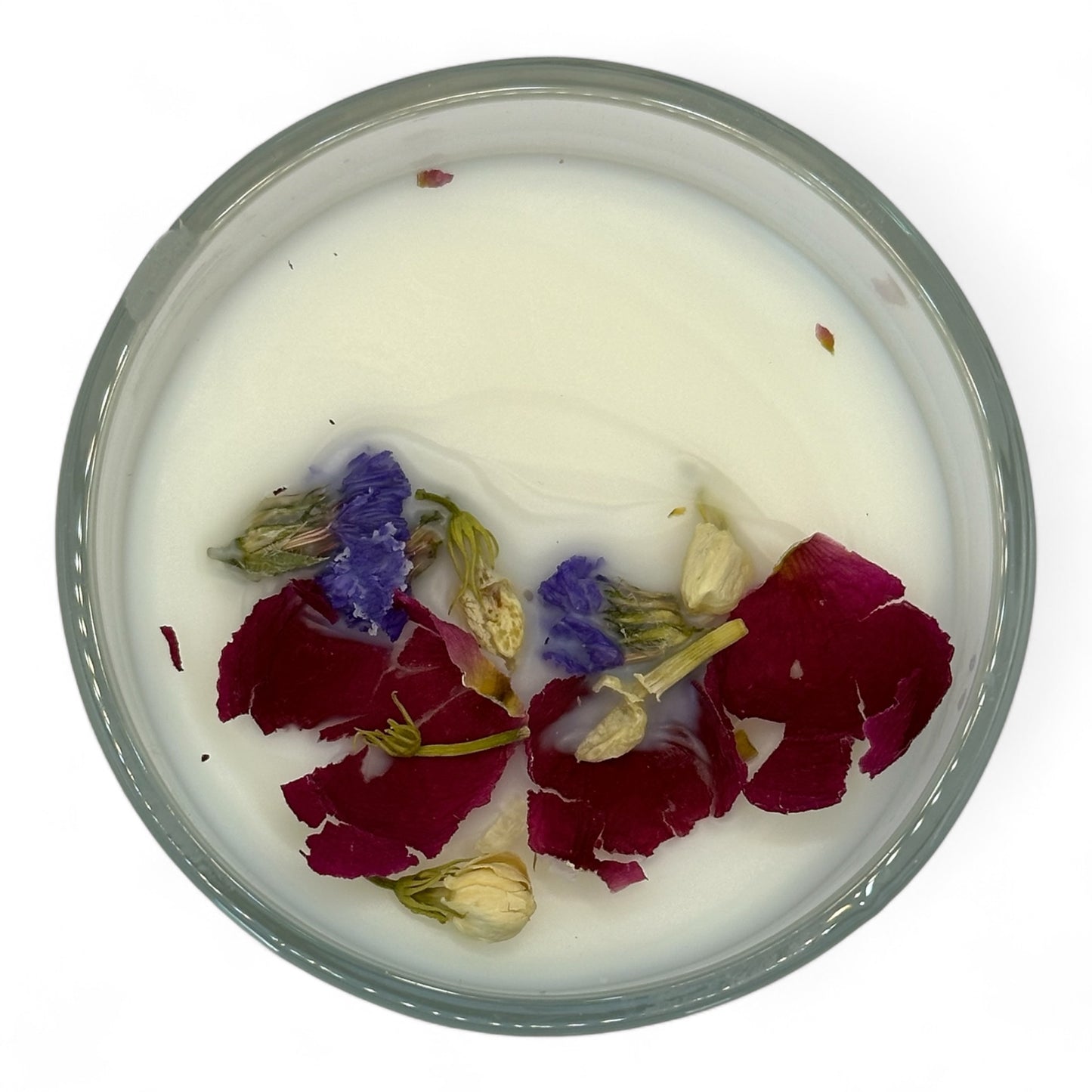 Top view of Magnolia and Peony flameless 8 oz candle with wooden lid and dried florals on top, set against a white background, offering a calming floral fragrance in a flame-free form