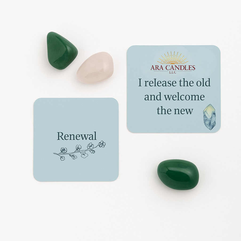 Renewal affirmation cards with green aventurine and rose quartz crystals from AraCandles. Text reads: “I release the old and welcome the new,” styled on a clean white background.