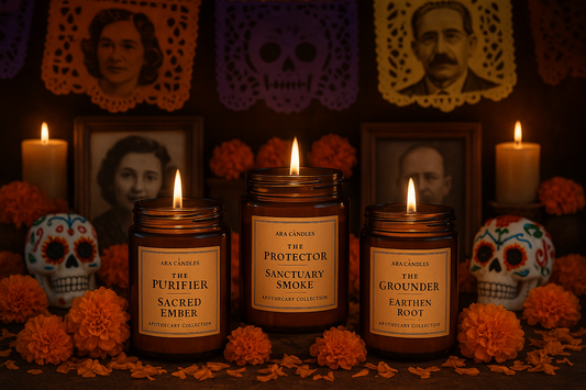 Día de los Muertos altar with three AraCandles Apothecary candles glowing among marigolds.