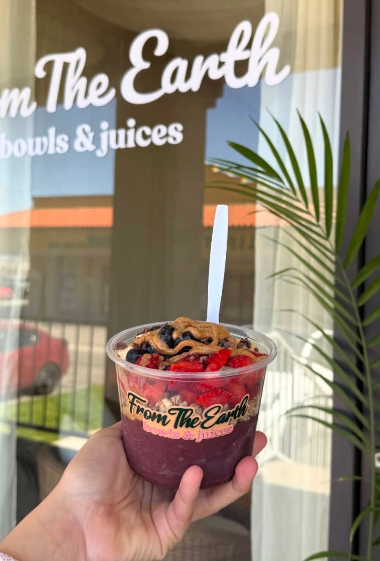 A hand holds a clear plastic cup of a purple smoothie topped with granola, berries, and nuts in front of a glass storefront window with the brand name 'From The Earth bowls & juices' visible.
