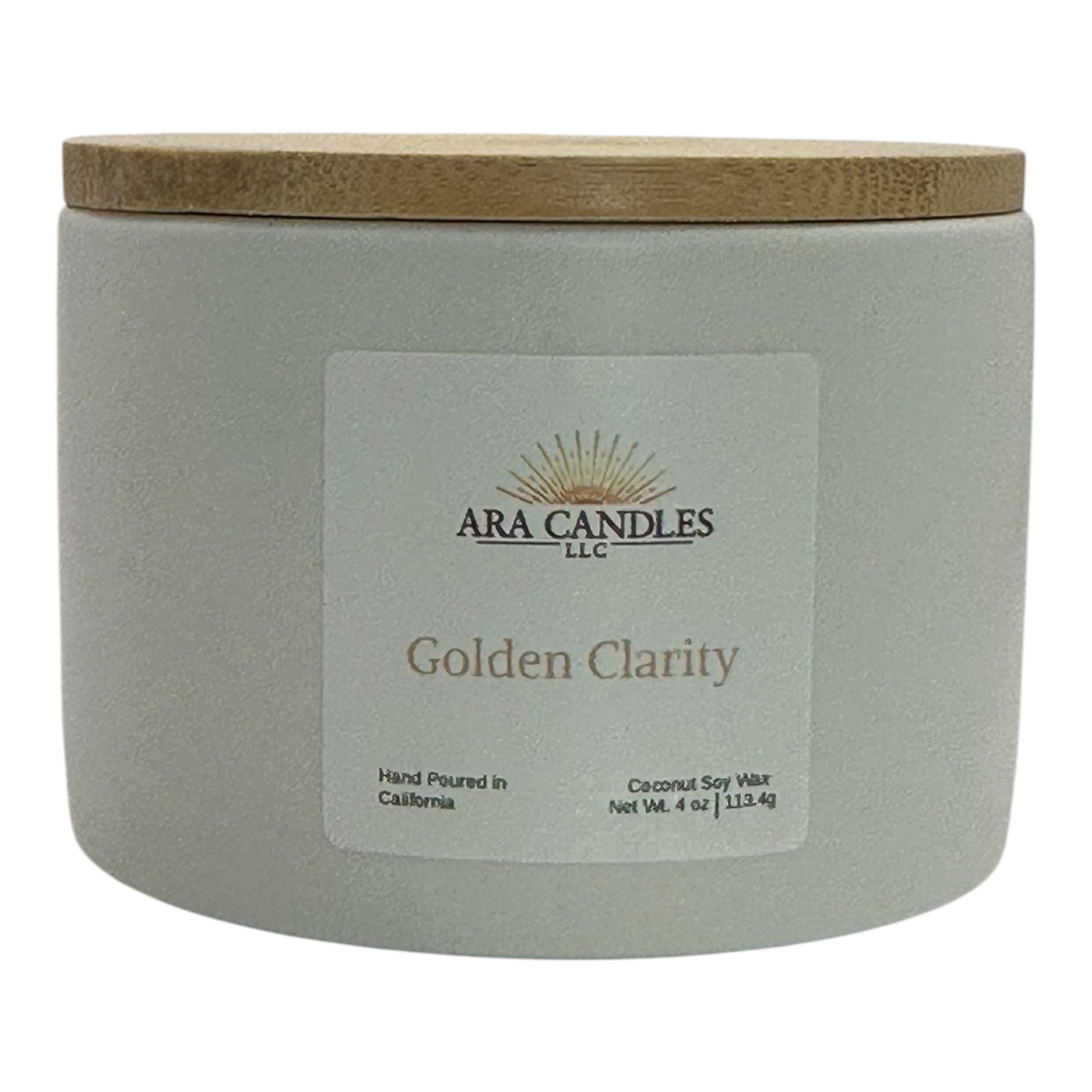ARA Candles Golden Clarity ritual candle in a ceramic vessel with bamboo lid, crafted for focus and mindful intention.