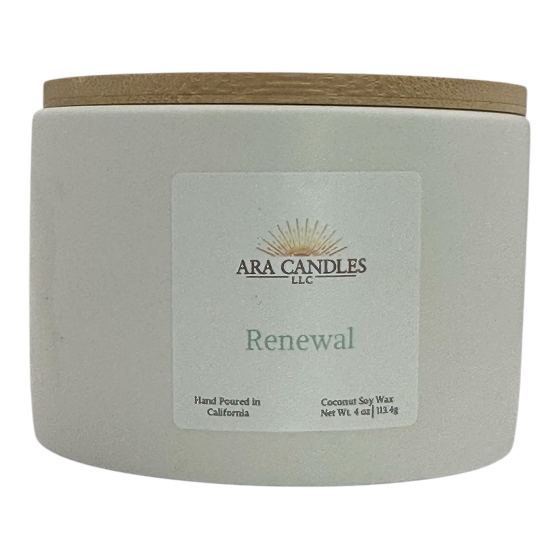 ARA Candles Renewal candle in white ceramic jar, designed for emotional reset and seasonal transitions.