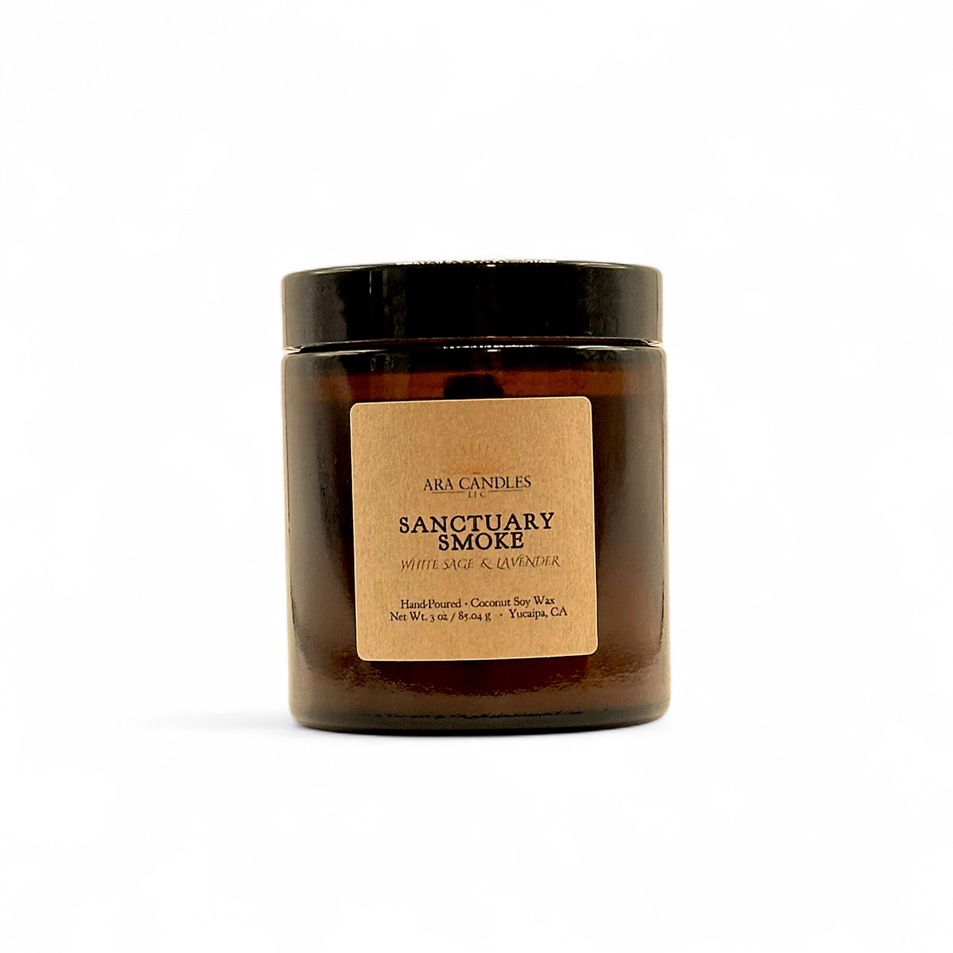 Ara Candles Sanctuary Smoke candle with a brown label on a white background