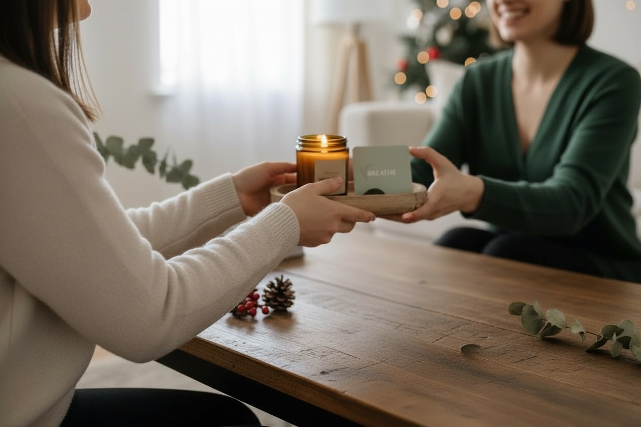 Two people exchanging a candle and card on a wooden table with a festive background.