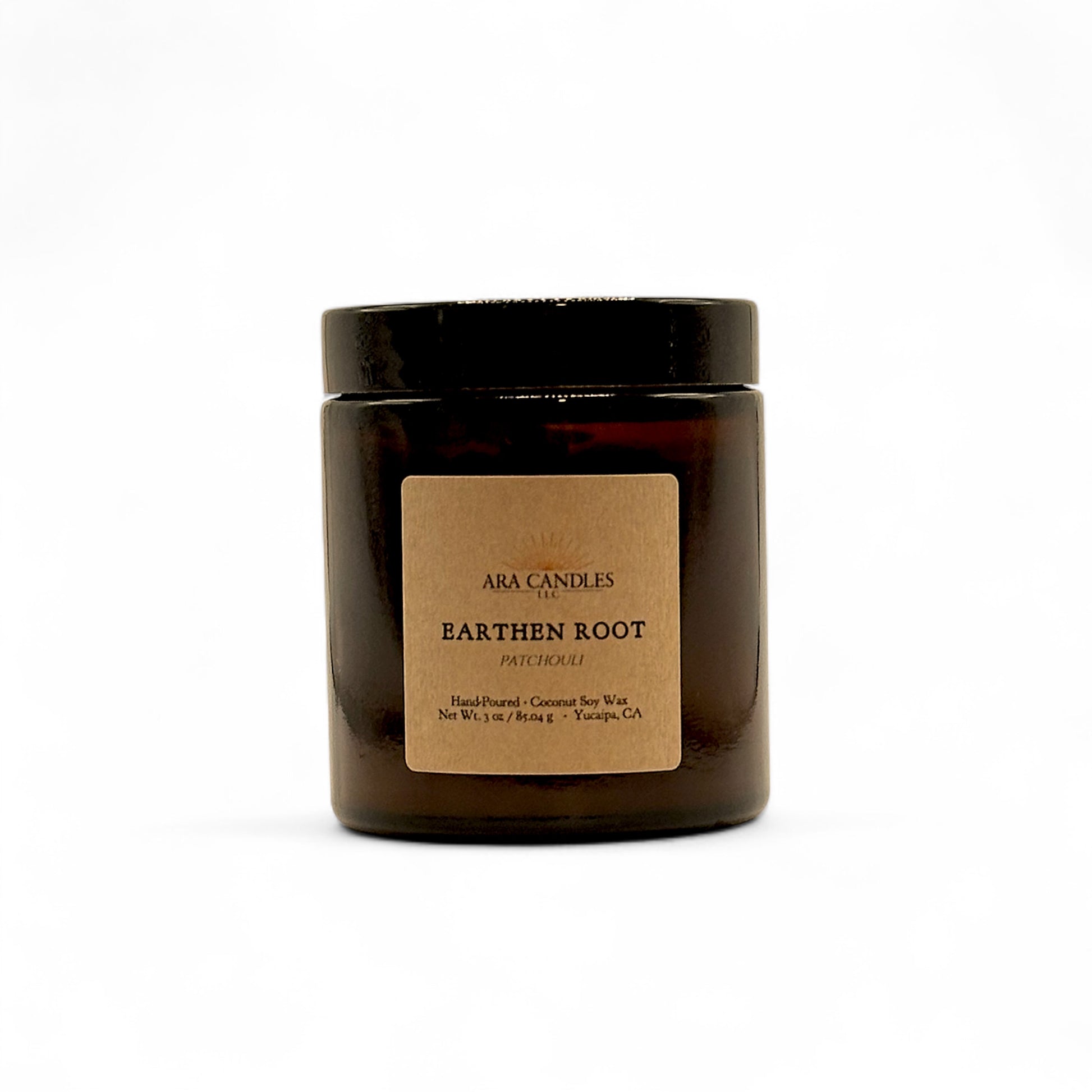 Amber jar candle displayed behind white background.