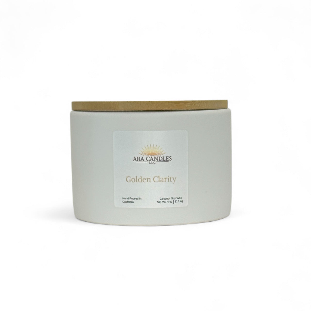 ARA Candles Golden Clarity ritual candle in a ceramic vessel with bamboo lid, crafted for focus and mindful intention.
