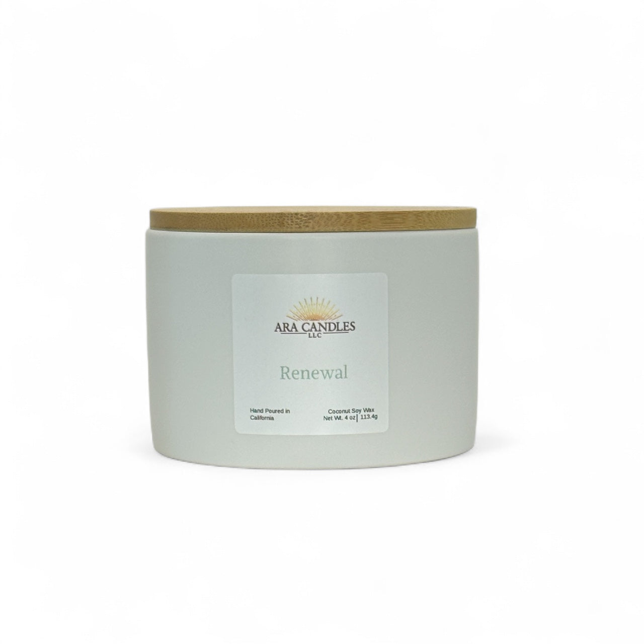 ARA Candles Renewal candle in white ceramic jar, designed for emotional reset and seasonal transitions.
