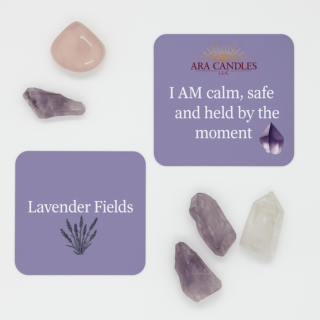 A pair of square affirmation cards labeled “Lavender Fields” and “I AM calm, safe and held by the moment” from Ara Candles. The cards are accompanied by raw and tumbled crystals including amethyst, rose quartz, and clear quartz on a white background.