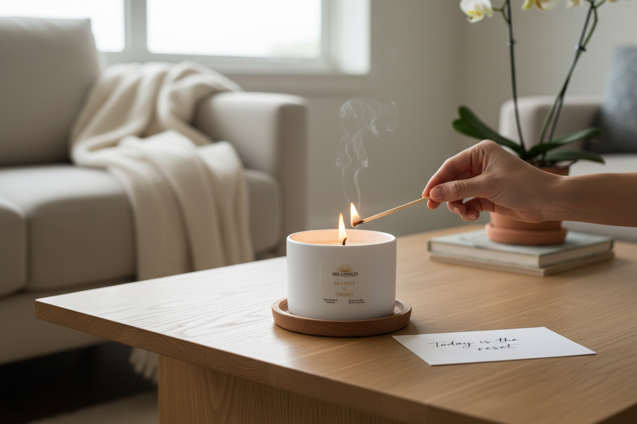 Person lighting a candle on a wooden table with a cozy living room background
