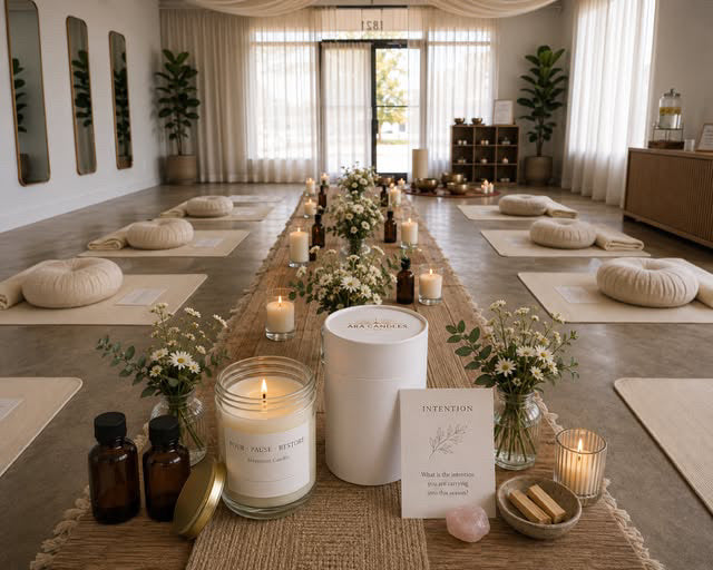 A display of a room for a candle-making and sound bath experience 