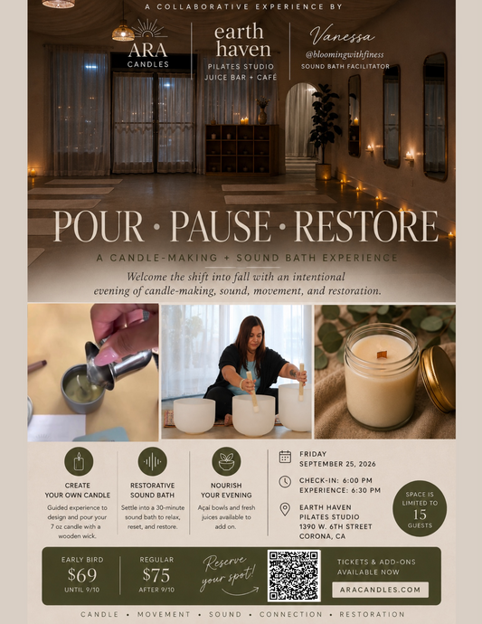 Promotional flyer for 'Pour Pause Restore' collaborative event by Earth Haven Pilates Studio and ARA Candles, featuring venue photos, pricing, event details, and QR code.