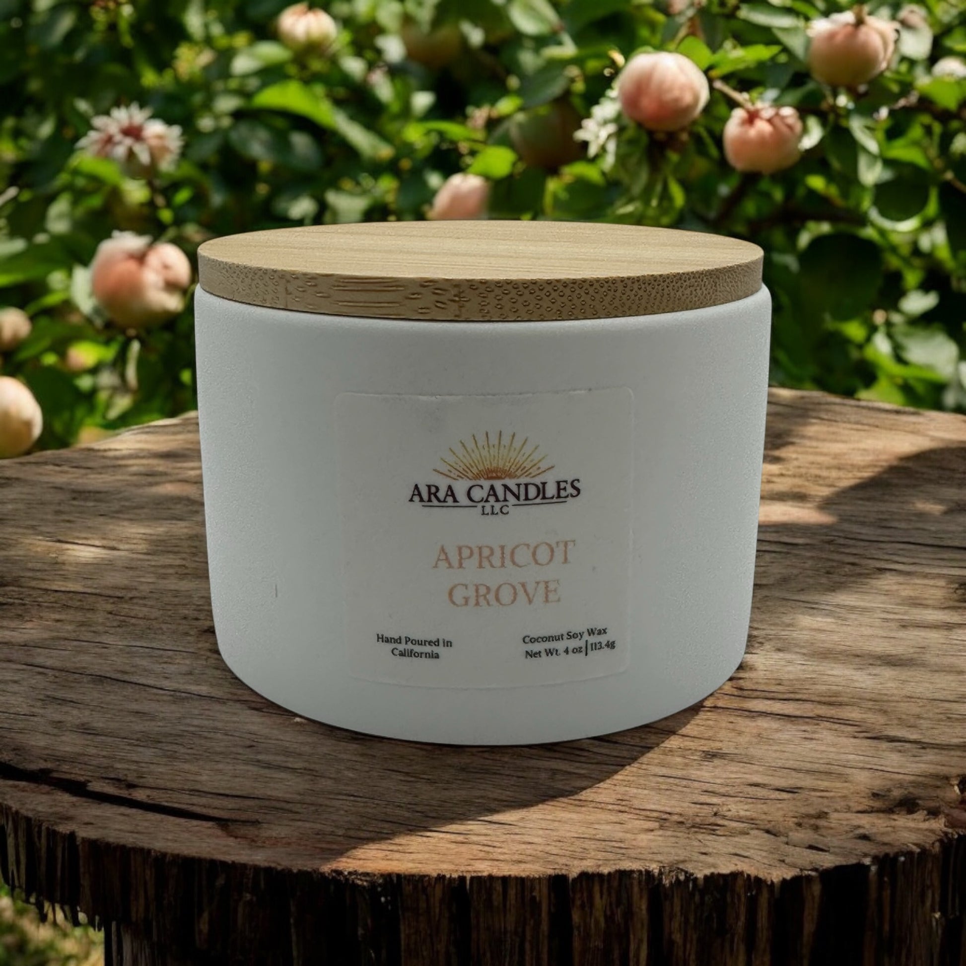 Apricot Grove 4 oz scented candle with a fresh, fruity apricot fragrance that creates a light, welcoming atmosphere