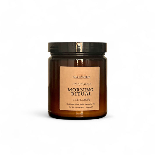Ara Candles Apothecary Collection Morning Ritual candle, coffee bean fragrance in amber glass for awakening and focus. 