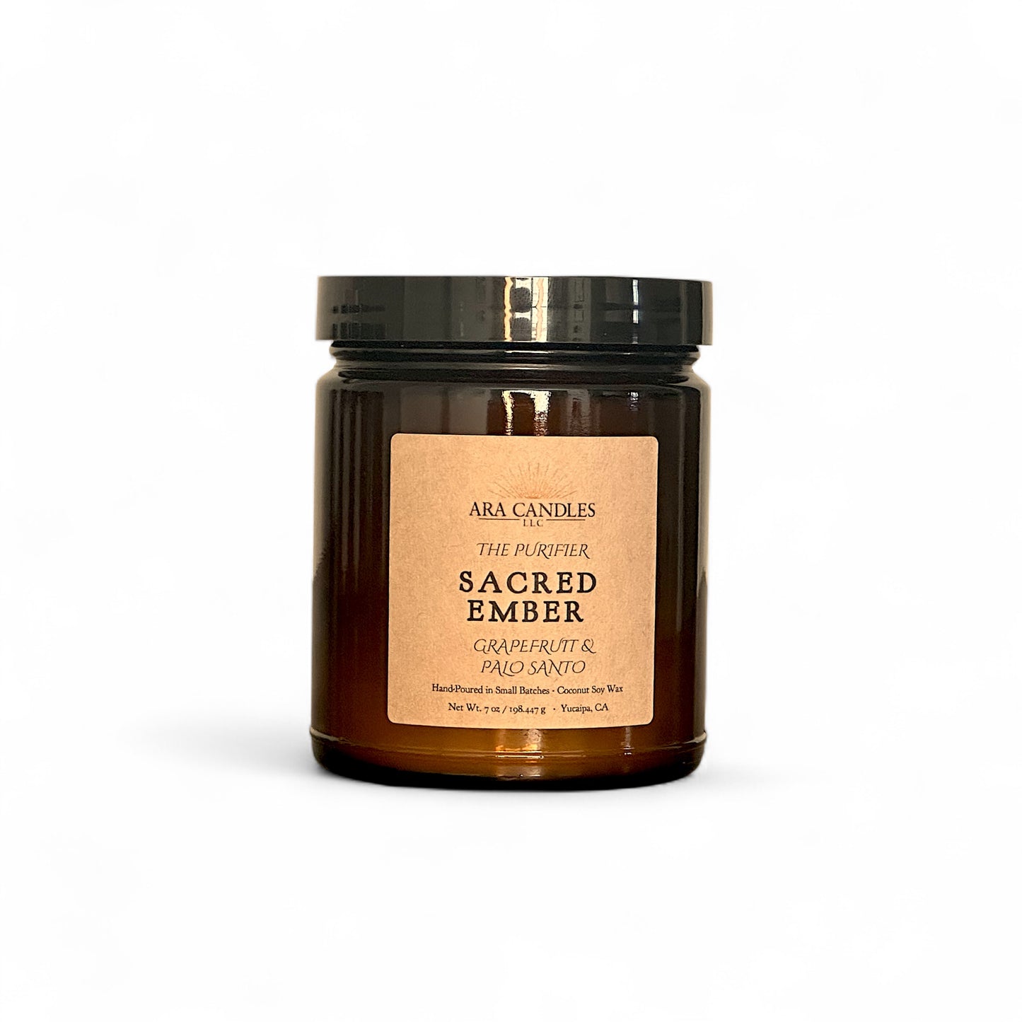 Ara Candles Apothecary Collection Sacred Ember candle, grapefruit and palo Santo fragrance in amber glass for awakening and focus. 