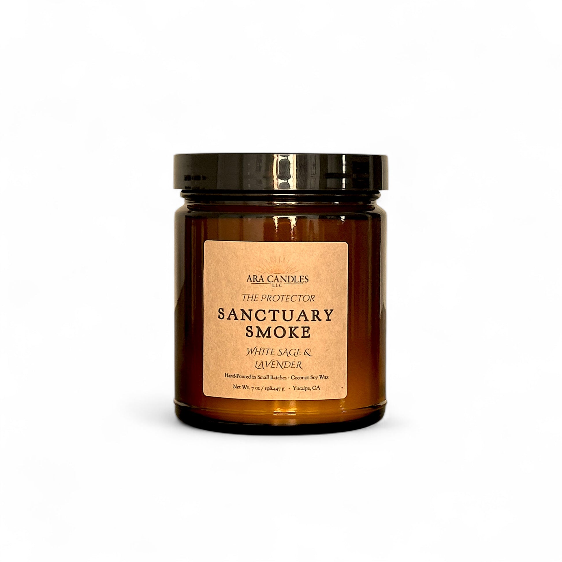 Ara Candles Apothecary Collection Sanctuary Smoke Candle, white sage and lavender blend in amber vessel for cleansing and protection. 