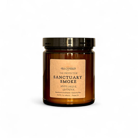 Ara Candles Apothecary Collection Sanctuary Smoke Candle, white sage and lavender blend in amber vessel for cleansing and protection. 
