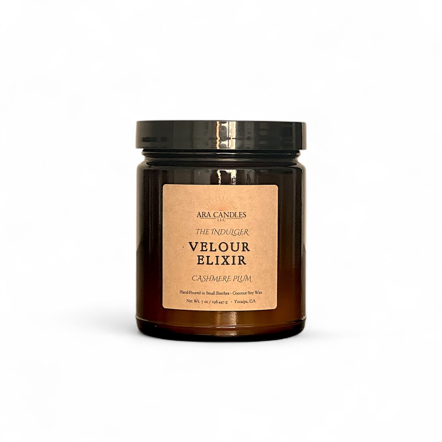 Ara Candles Apothecary Collection Velour Elixir candle, cashmere plum scent in amber glass for indulgence and luxury.