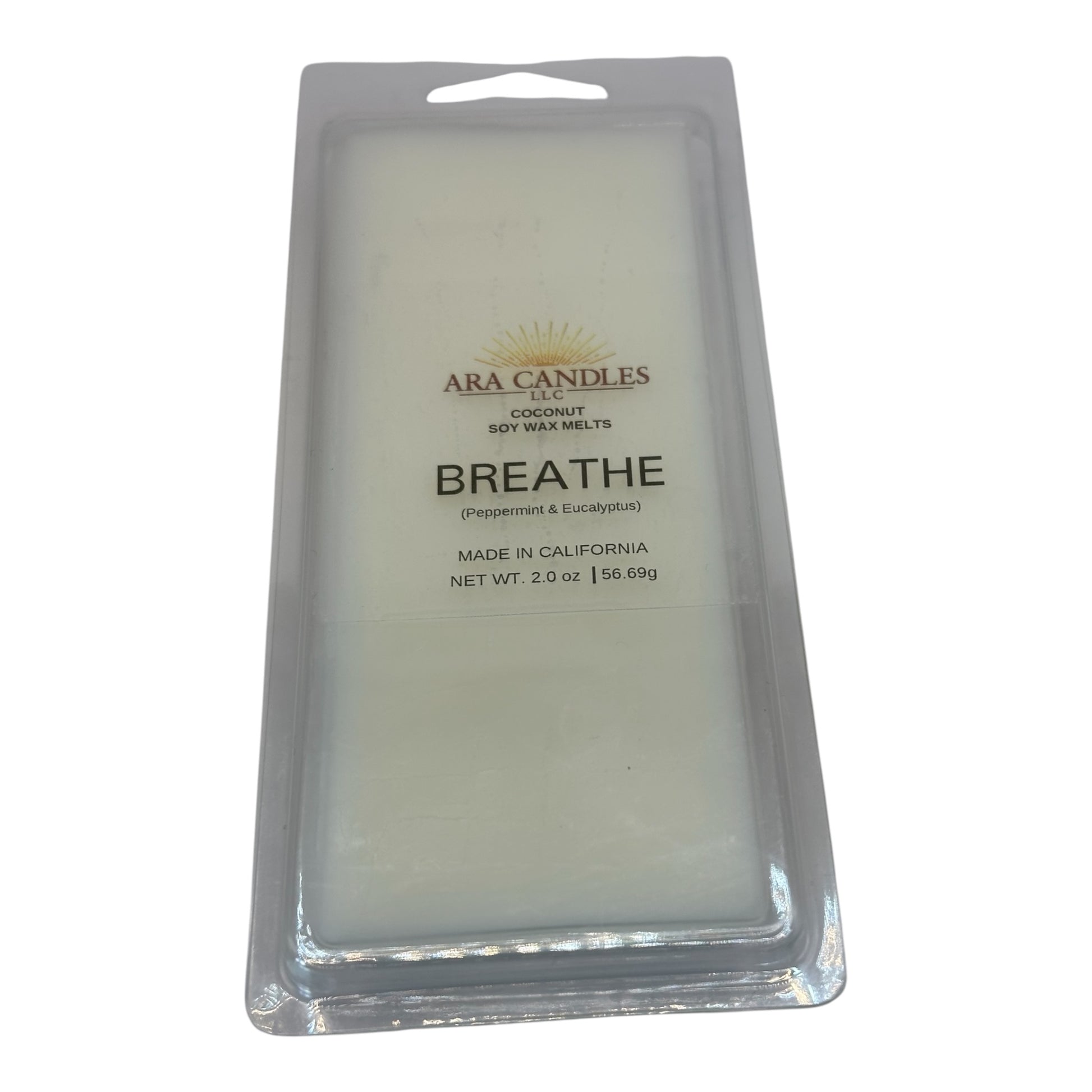 Breath 2 oz wax melt made with coconut soy wax, displayed on a white background, offering a refreshing and calming fragrance for a relaxing atmosphere