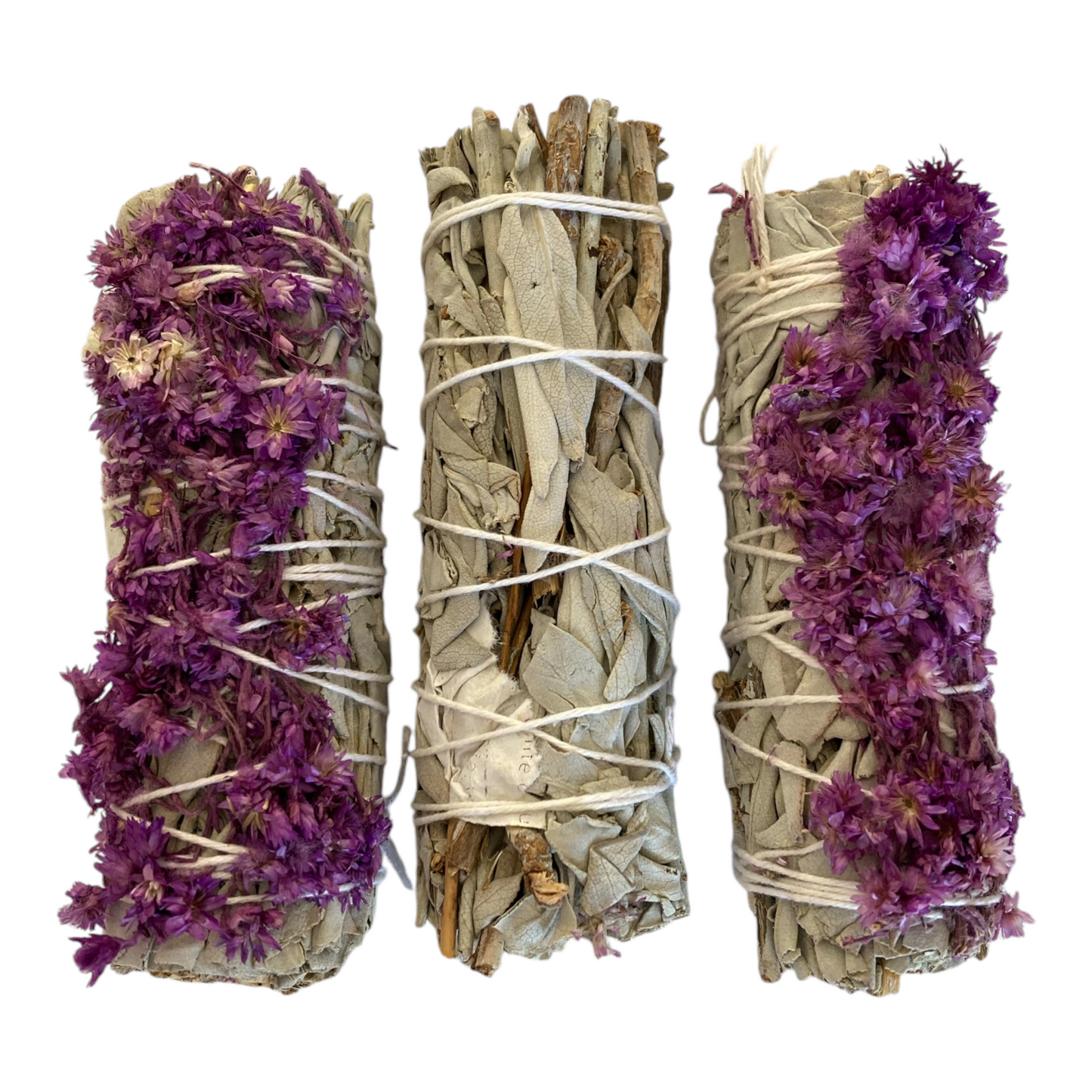 Bundle of three sage bundles with dried flowers, perfect for smudging and energy cleansing, offering a fragrant and purifying experience for your space