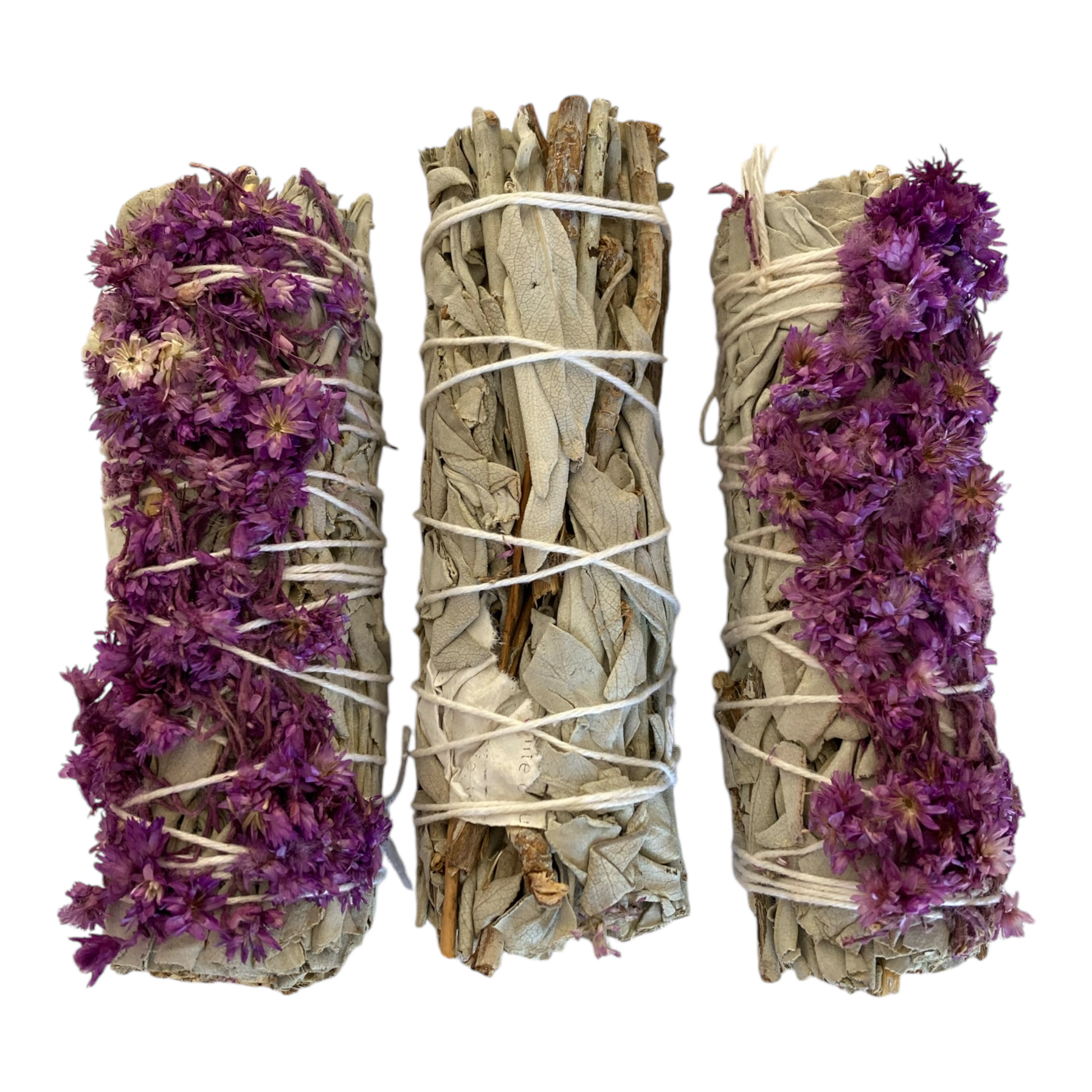 Bundle of three sage bundles with dried flowers, perfect for smudging and energy cleansing, offering a fragrant and purifying experience for your space