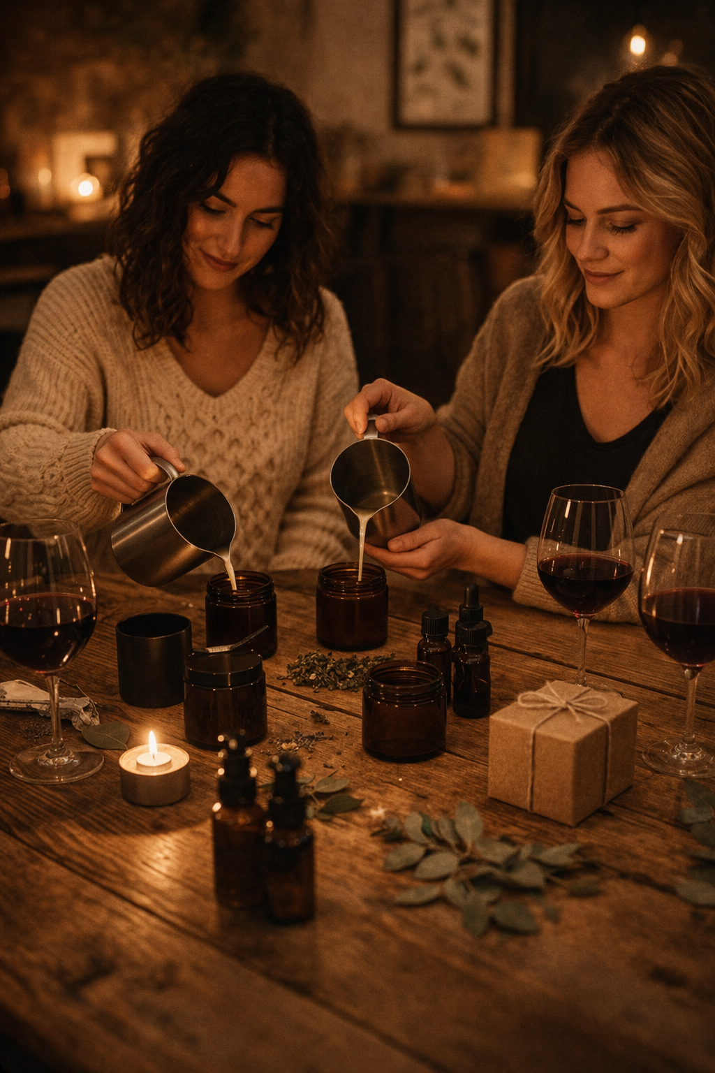Two women pouring a liquid into small jars on a wooden table with candles and glasses.