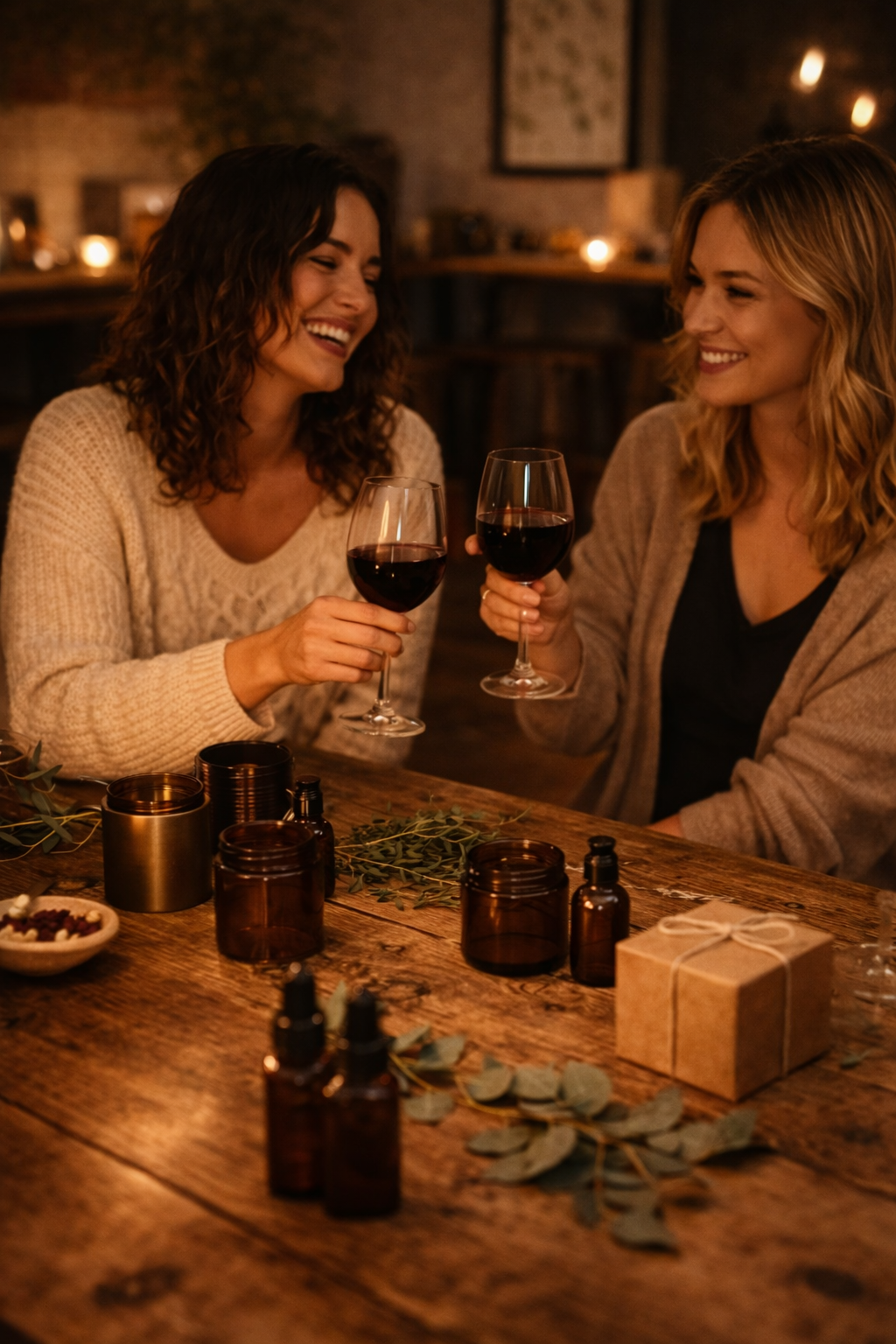 Two women enjoying wine at a table with bottles and a gift box.