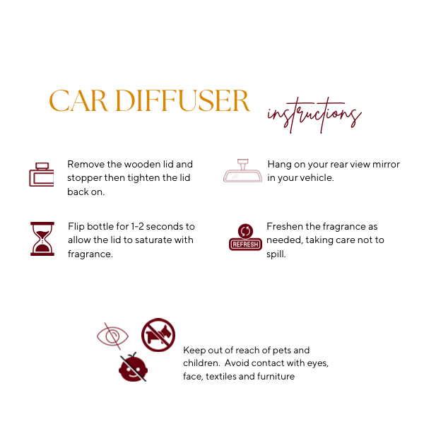 Car diffuser instructions showing how to use, refill, and maintain your car diffuser for a long-lasting fragrance experience