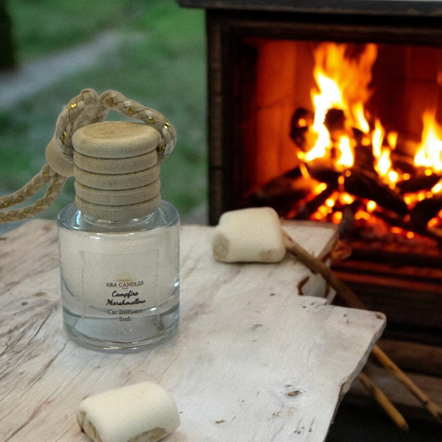 Marshmallow campfire car diffuser releasing a sweet, warm aroma with notes of toasted marshmallow and cozy campfire scent