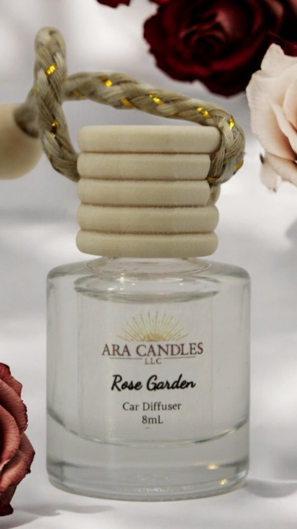 Rose garden car diffuser releasing a floral, sweet aroma to create a calming and fragrant atmosphere in your vehicle