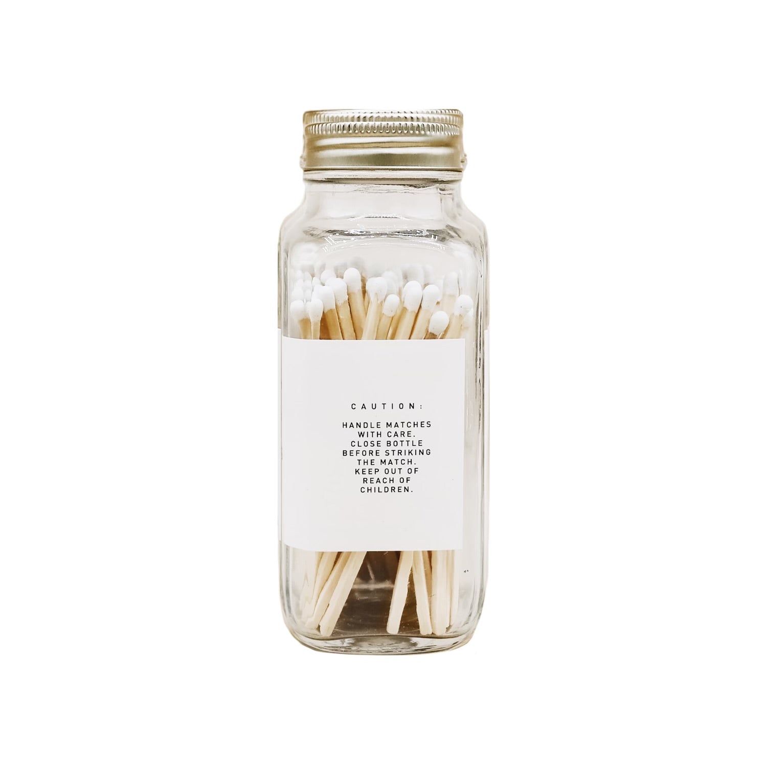 Caution label for white tip safety matches, emphasizing safe handling and use for lighting candles or other items