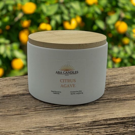 Citrus Agave 4 oz scented candle with a fresh, zesty citrus fragrance blended with sweet agave for an energizing, vibrant ambiance