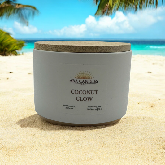 Coconut Glow 4 oz scented candle with a tropical coconut fragrance, perfect for creating a warm, relaxing atmosphere