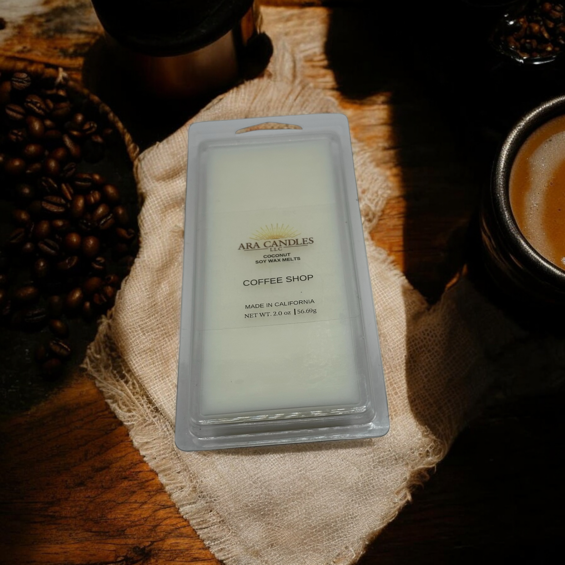Coffee Shop 2 oz wax melt, offering a rich, aromatic coffee fragrance that fills your space with the warm, cozy scent of freshly brewed coffee.